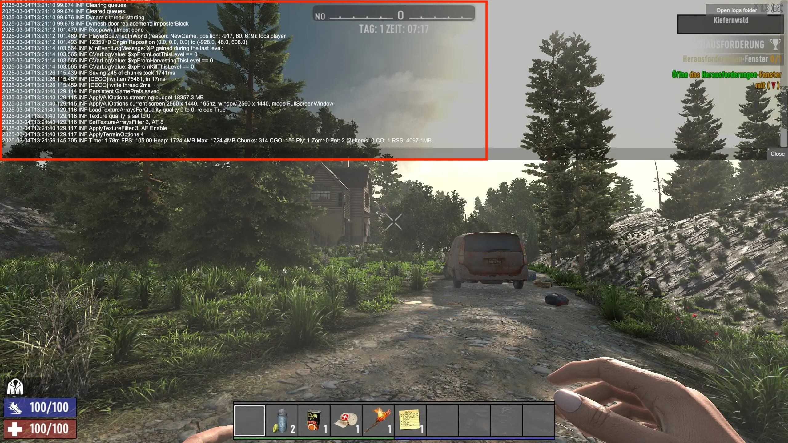 Screenshot der Entwicklerkonsole in 7 Days to Die Bild: Screenshot der Entwicklerkonsole in 7 Days to Die
