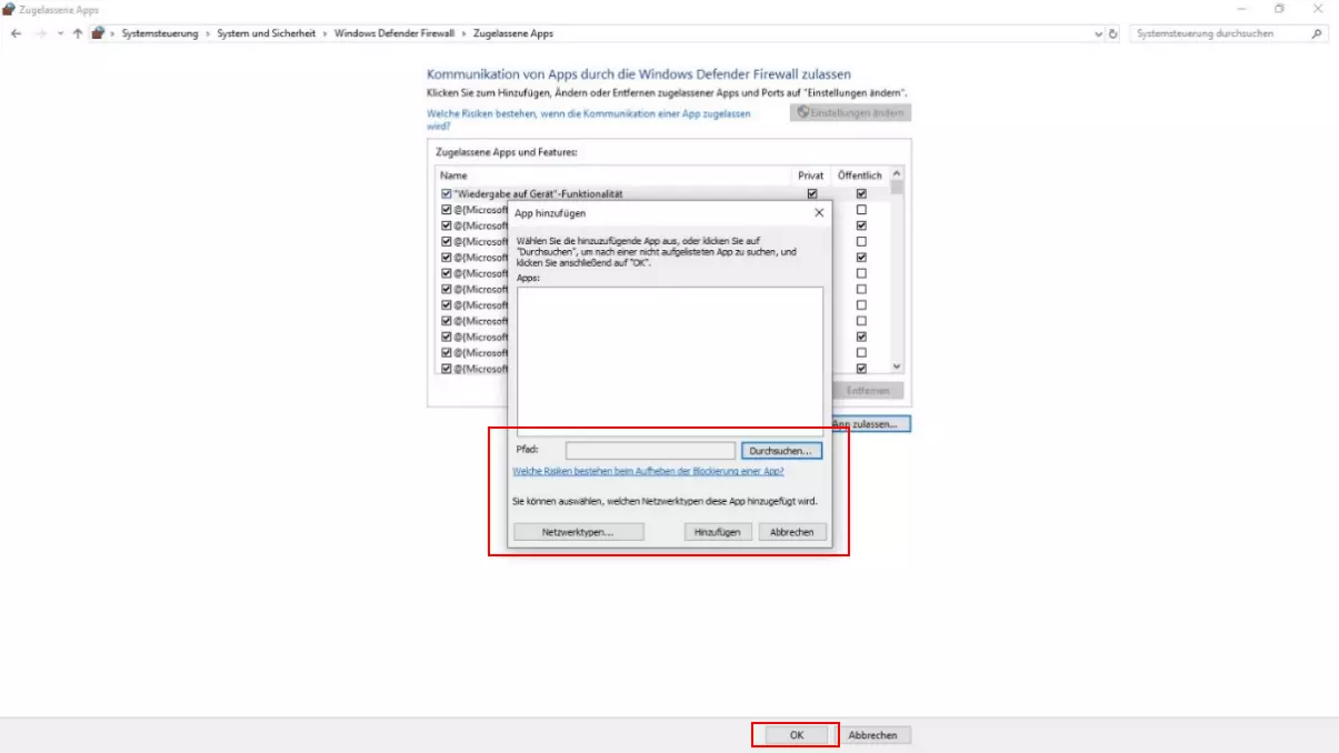 Programm zur Liste der Firewall-Extraregelungen hinzufügen