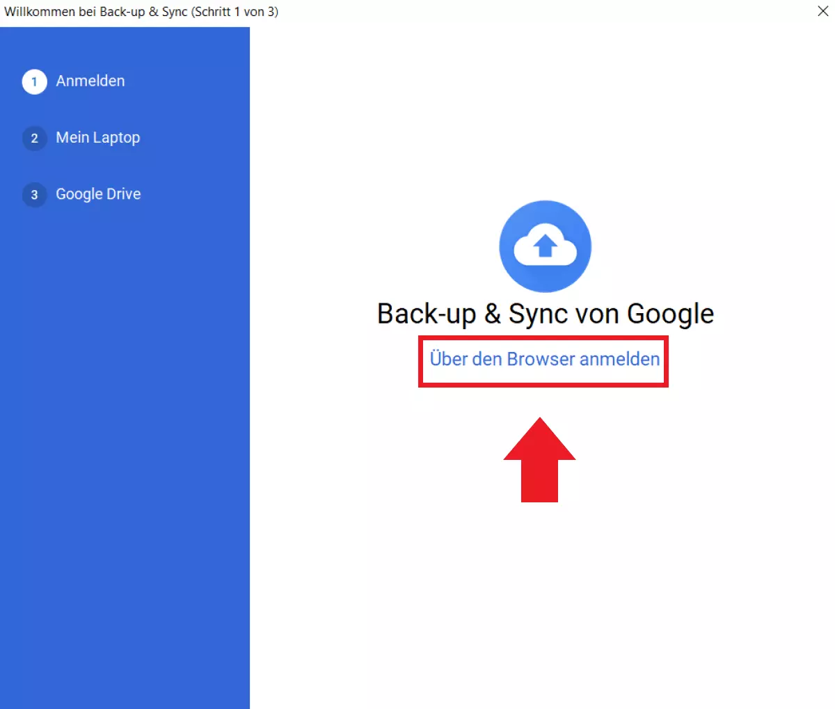 Gehen Sie auf „Über den Browser anmelden“ und geben Sie die Zugangsdaten Ihres Google-Accounts ein