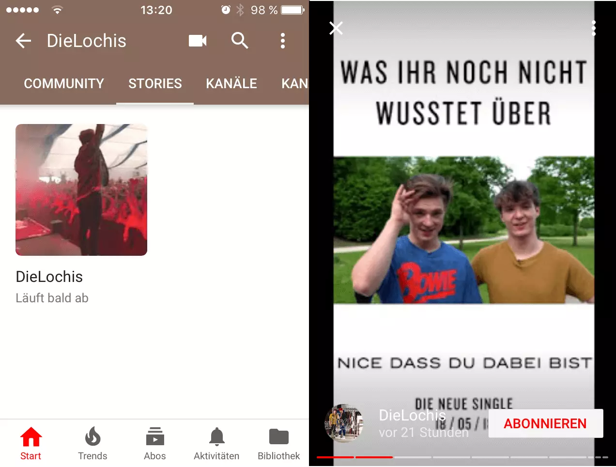 YouTube-Mobil-App: die Video-Ansicht einer Story