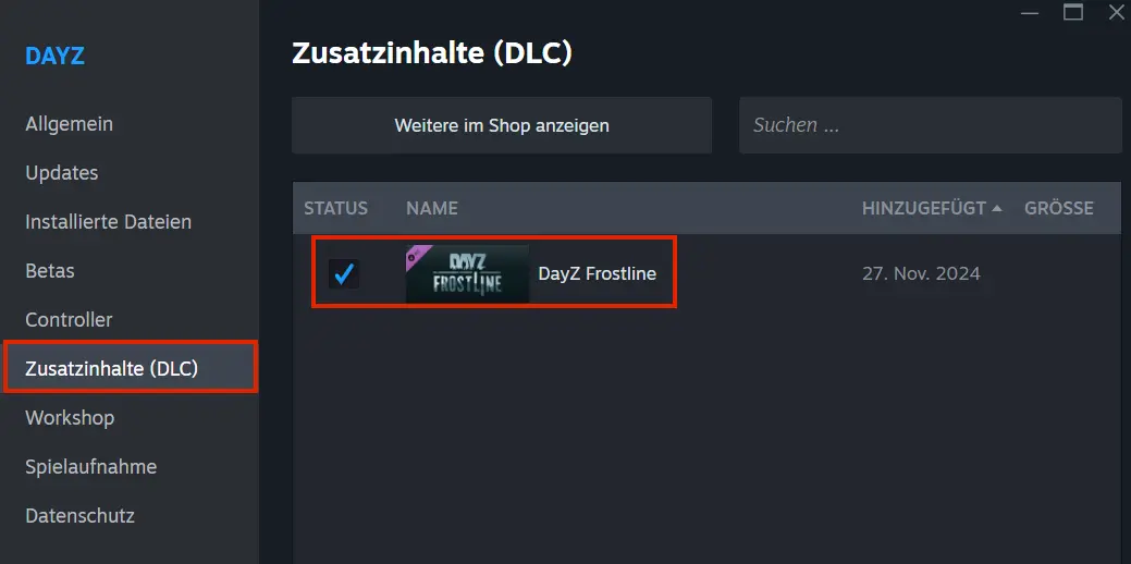 Bild: Screenshot der DayZ-Einstellungen bei Steam