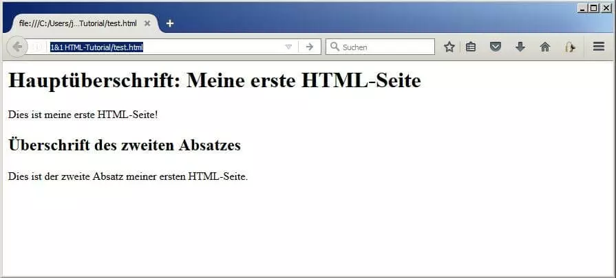 Bild: Bild der erstellten HTML-Seite mit zwei Absätzen, Haupt- und untergeordneter Überschrift