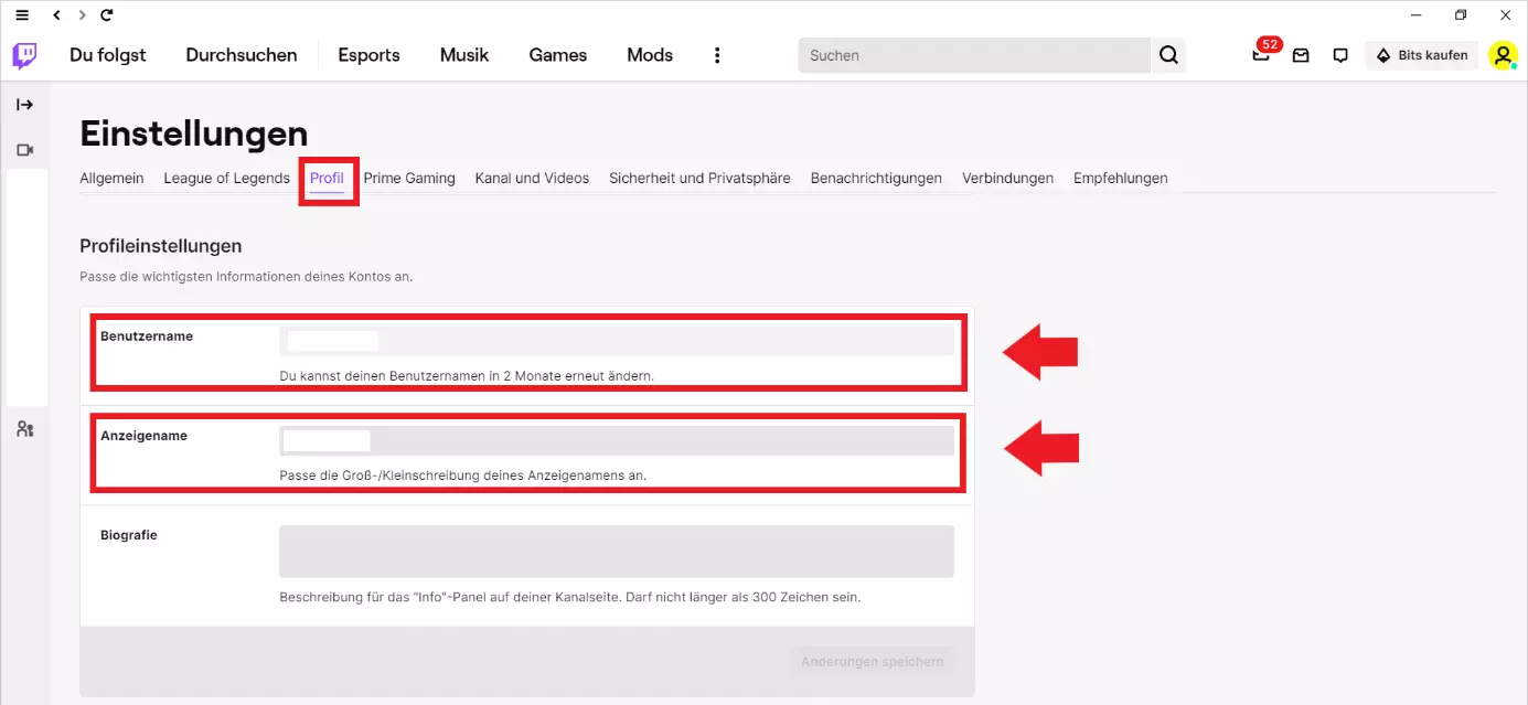 Profileinstellungen in der Twitch Desktop-App