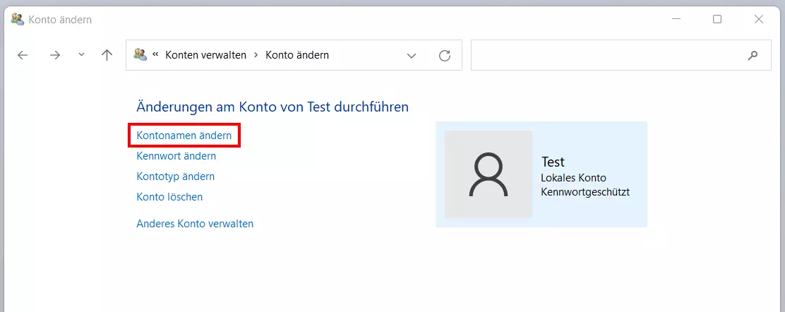Bild: Windows-11-Fenster „Konto ändern“