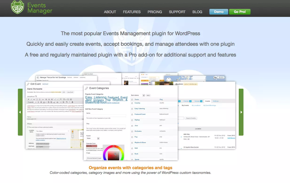 Screenshot der offiziellen Website von Events Manager