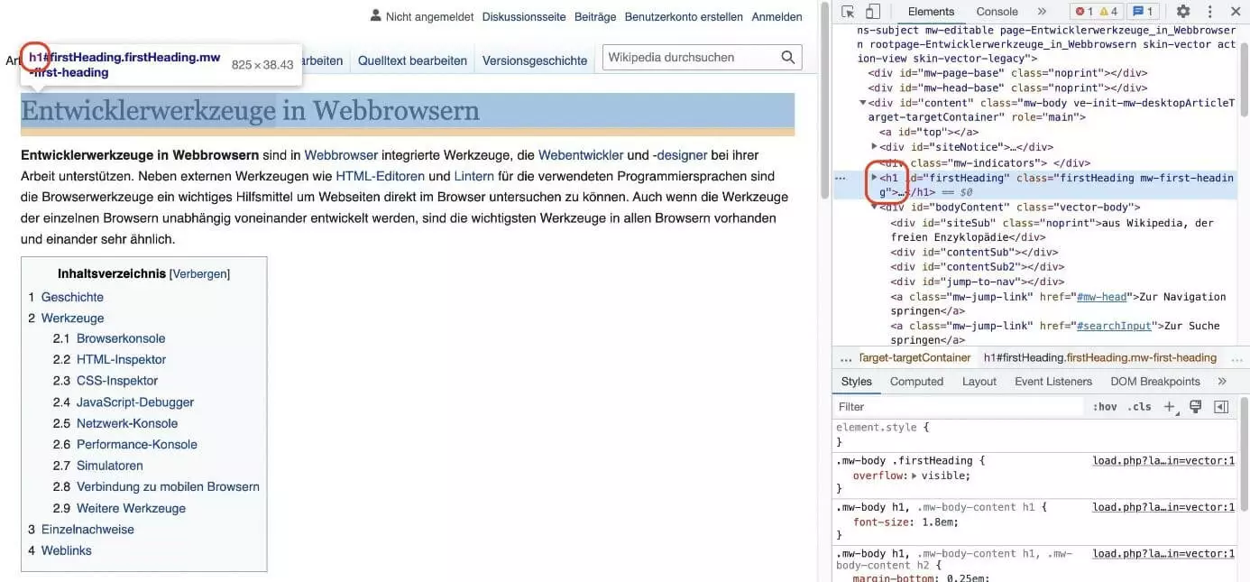 Bild: Überschrift mit Element untersuchen analysiert.