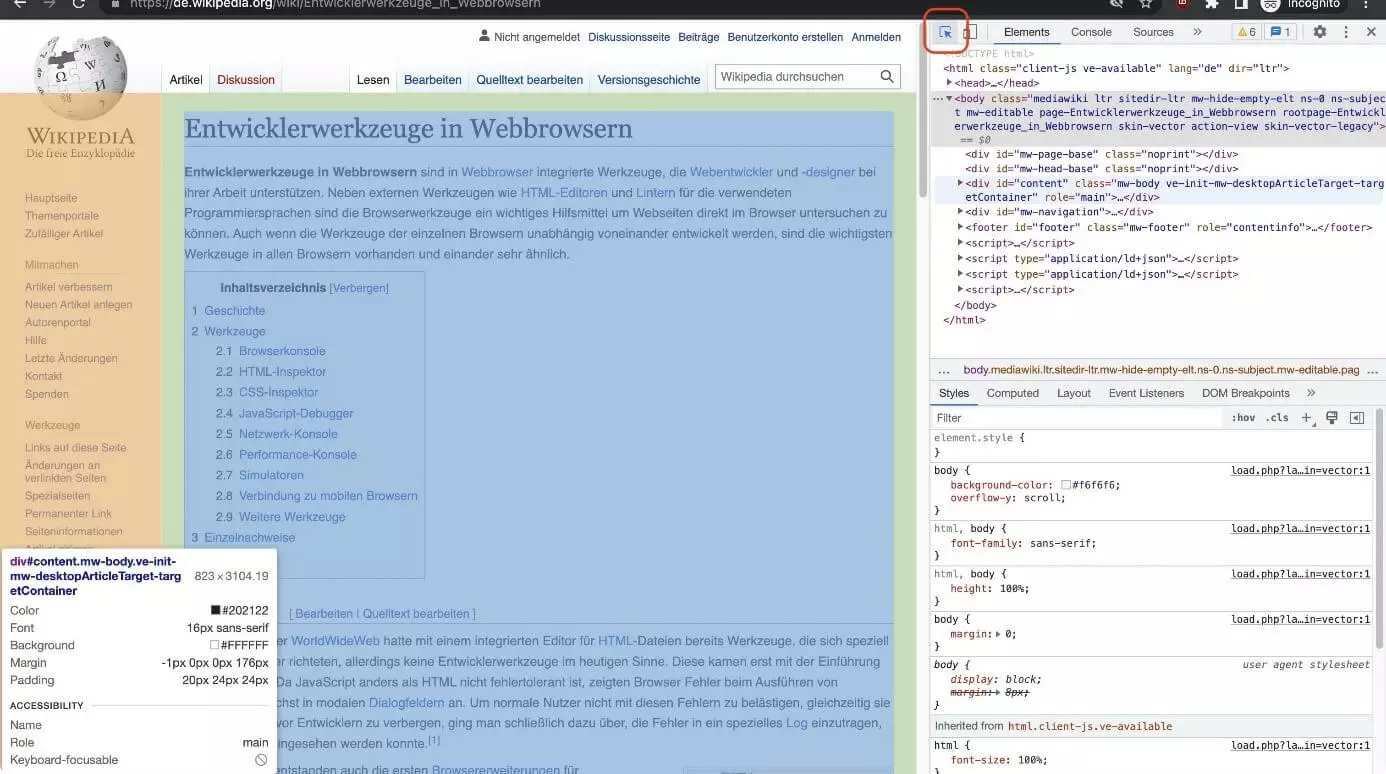 Bild: Interaktive Variante von Inspect element