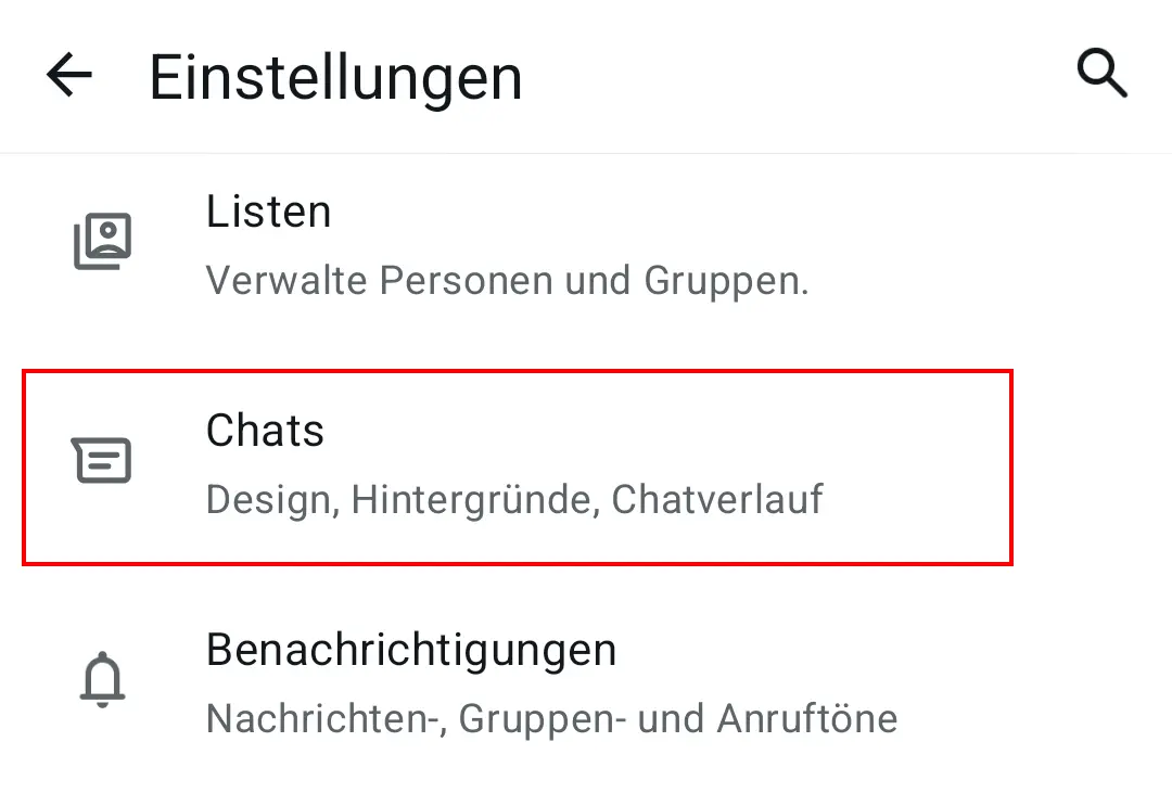 WhatsApp-Einstellungen mit dem Feld „Chats“ Bild: WhatsApp-Einstellungen mit dem Feld „Chats“