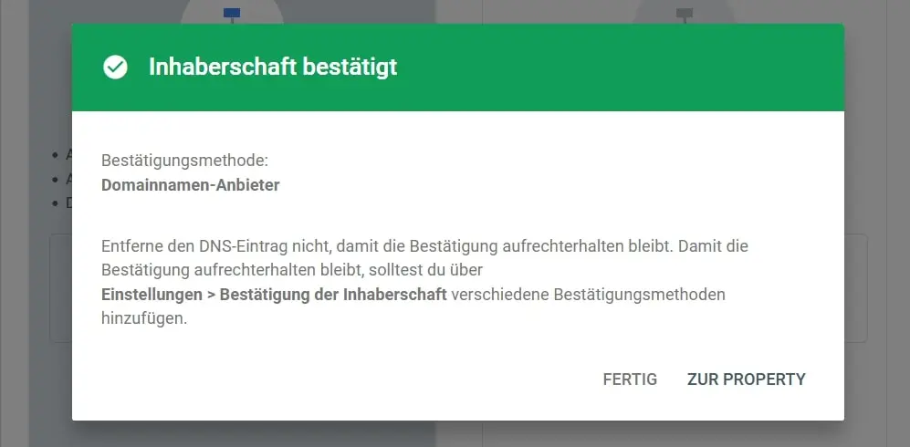 Bild: Google Search Console: Inhaberschaft bestätigt