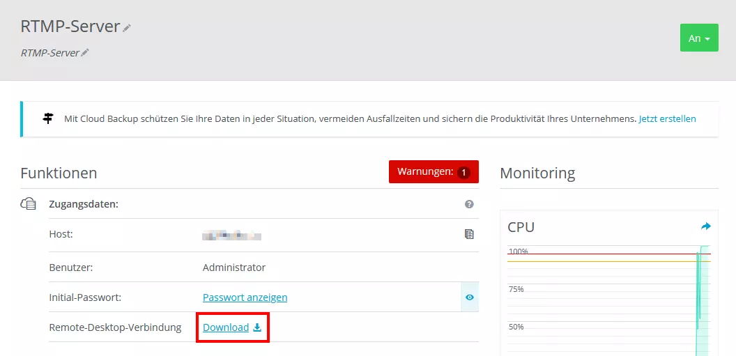 Bild: Ansicht des Cloud Panels von IONOS bei einem RTMP-Server