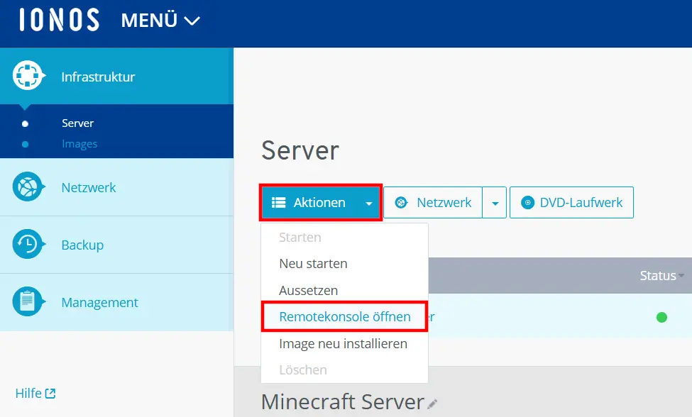 IONOS Cloud Panel: Remotekonsole öffnen Bild: IONOS Cloud Panel: Remotekonsole öffnen