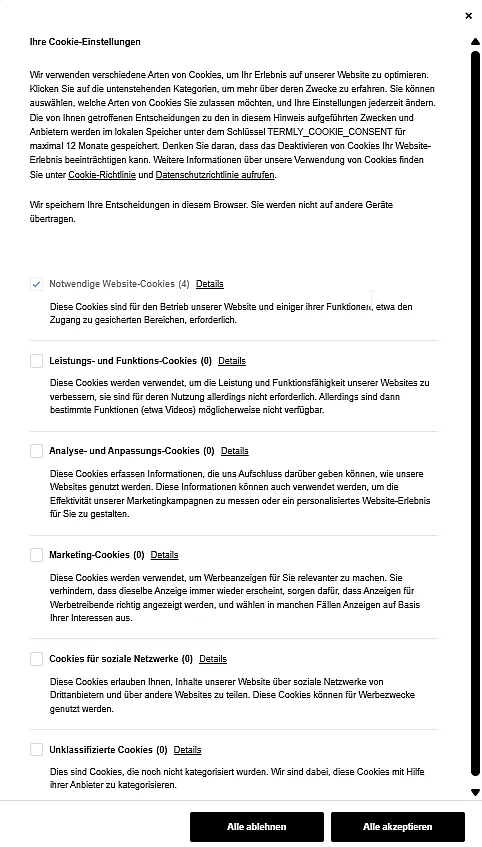 Bild: Cookie-Einstellungen von Termly