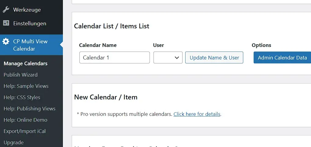 Admin-Bereich des WordPress-Kalenders CP Multi View Event Calendar Bild: Admin-Bereich des WordPress-Kalenders CP Multi View Event Calendar