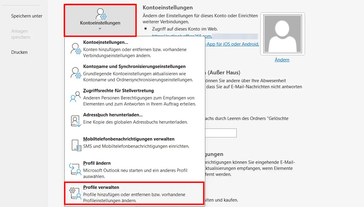 Profile verwalten in Outlook Bild: Profile verwalten in Outlook