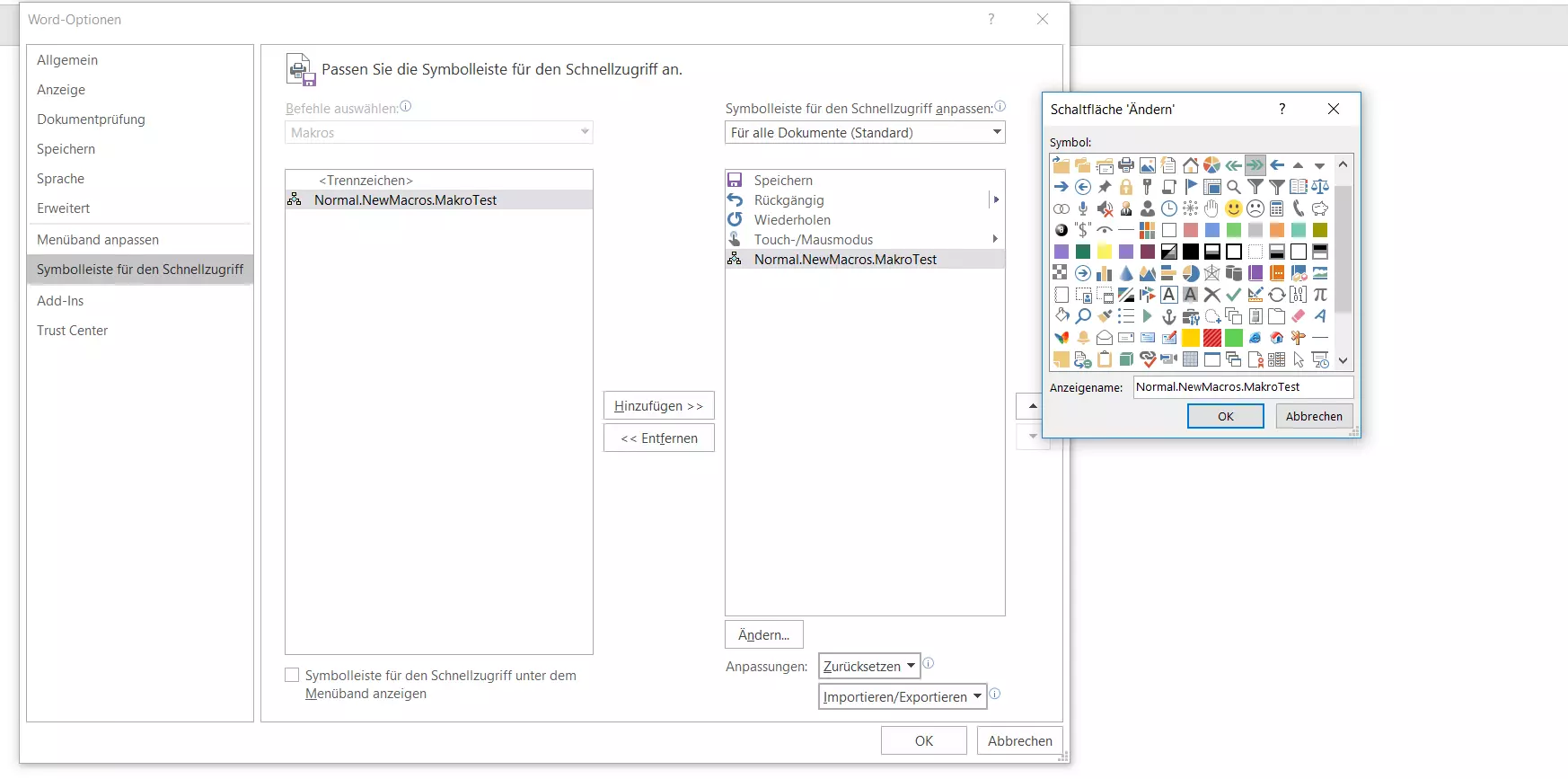 Bild: Anpassung der Schnellzugriff-Symbolleiste in Word 2016