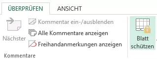 Bild: Abbildung des Menüs „Überprüfen“ > „Blatt schützen“ 