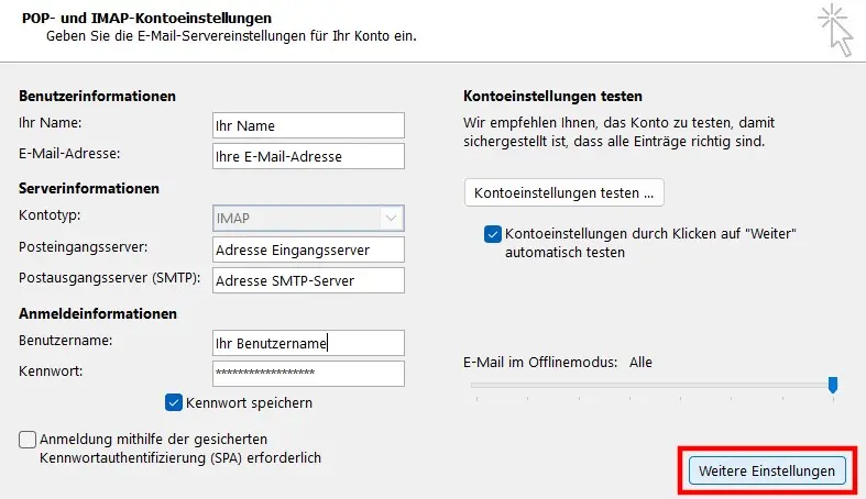 Bild: POP- und IMAP-Kontoeinstellungen in Outlook