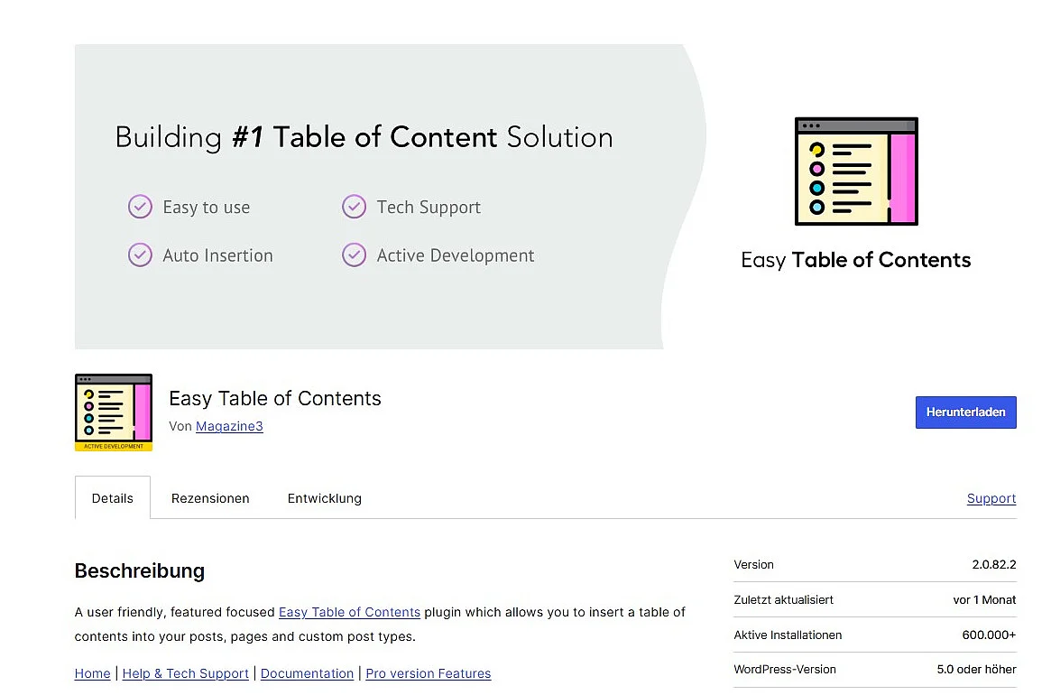 wordpress.org: Plugin-Übersichtsseite zu „Easy Table of Contents“ Bild: wordpress.org: Plugin-Übersichtsseite zu „Easy Table of Contents“