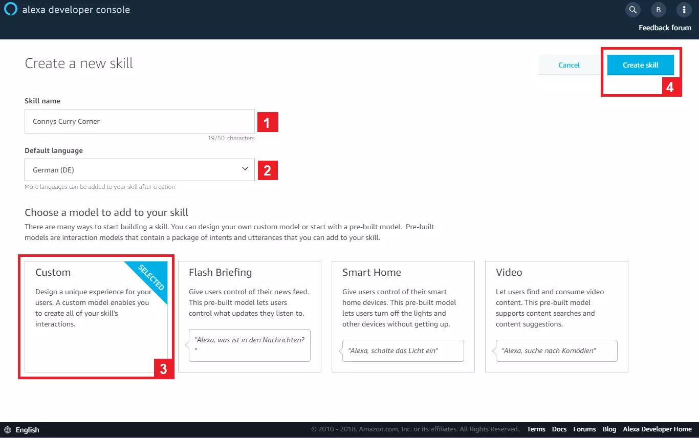 Bild: Alexa-Developer-Konsole: Konfigurationsdialog für die Erstellung eines neuen Alexa-Skills