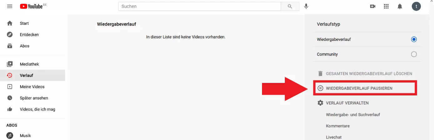 Bild: YouTube: Wiedergabeverlauf pausieren