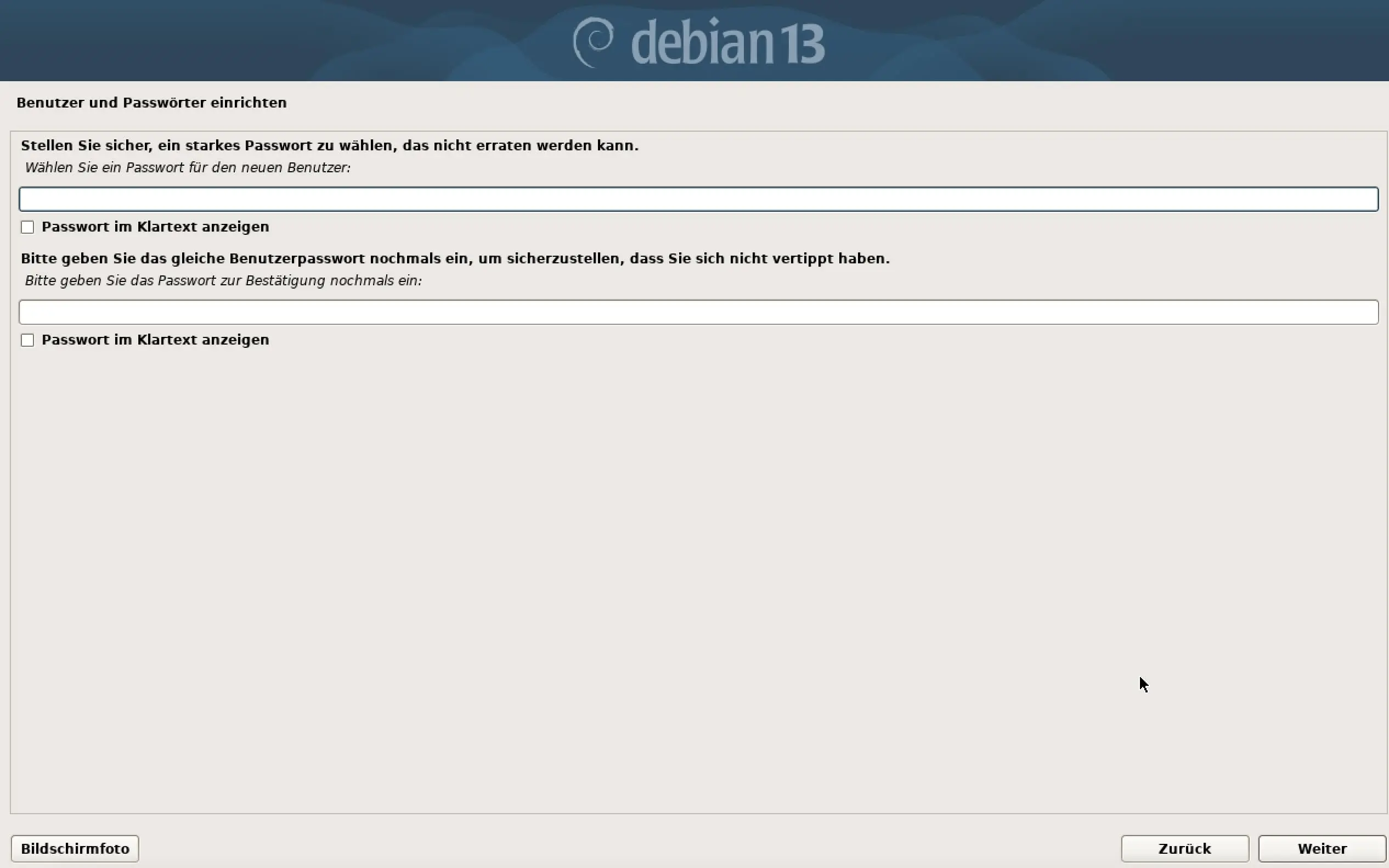 Bild: Screenshot der Debian-13-Installation: Passwort für den Benutzer vergeben