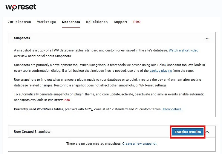 WP Reset: Snapshot-Option Bild: WP Reset: Snapshot-Option