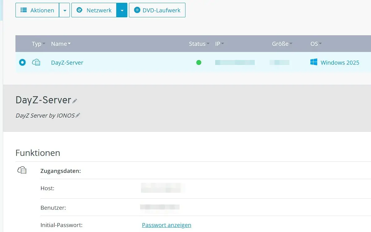 Bild: IONOS Cloud Panel: Zugangsdaten zum DayZ-Server