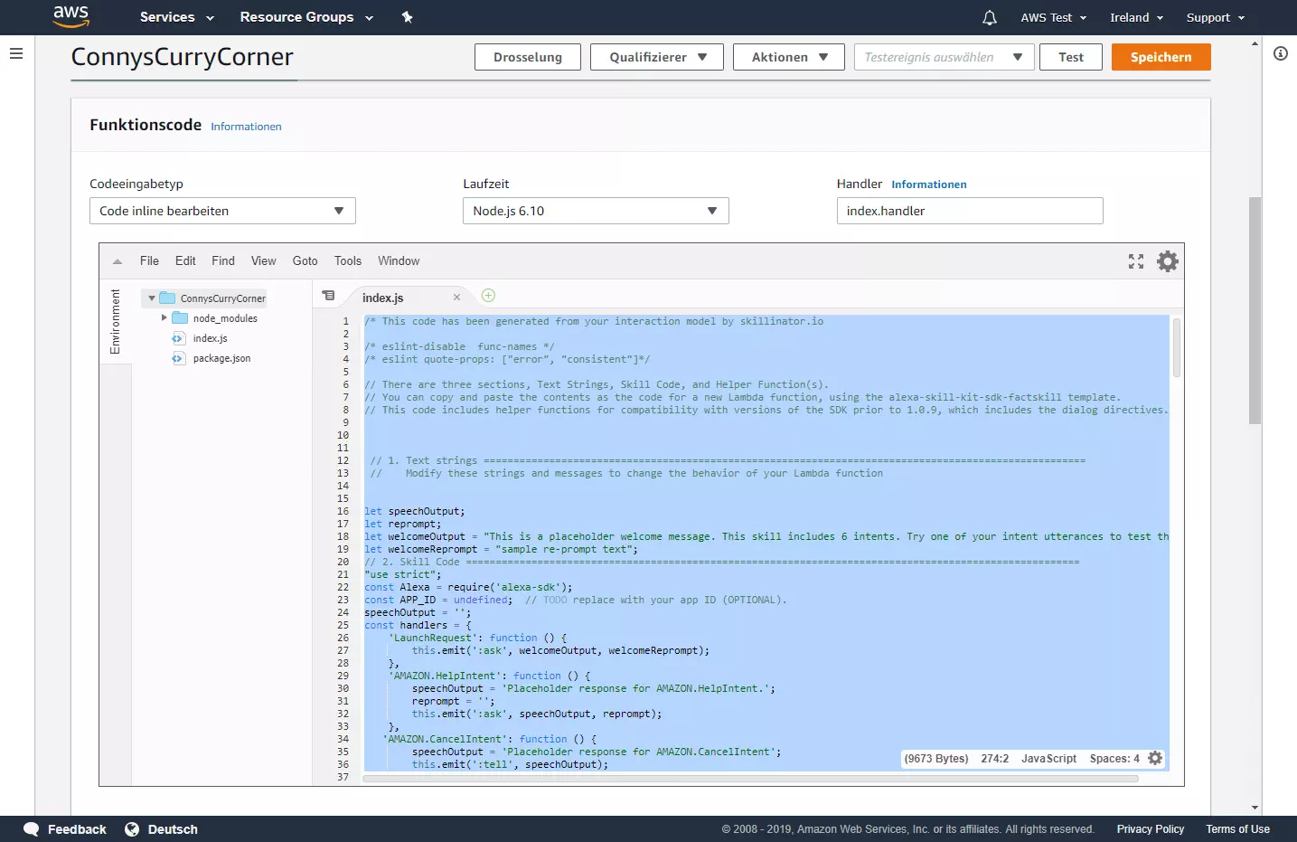 Bild: AWS-Management-Konsole: Lambda-Template für den Funktionscode