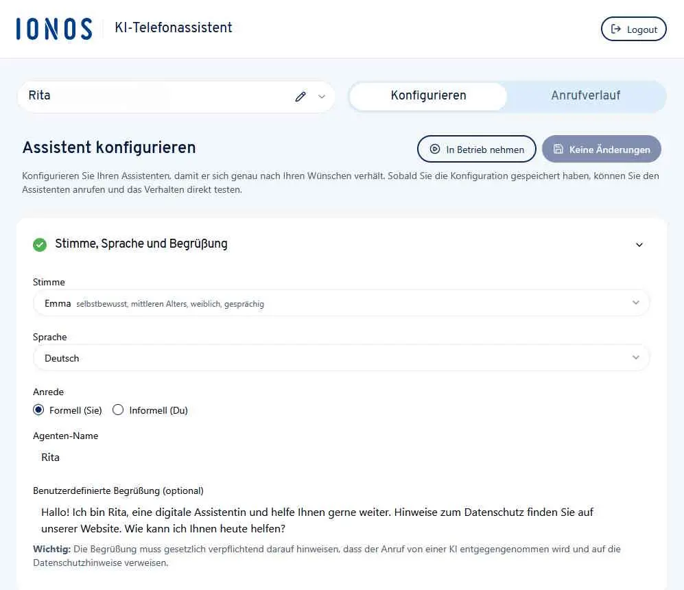 Konfiguration des IONOS KI Telefonassistenten Bild: Konfiguration des IONOS KI Telefonassistenten