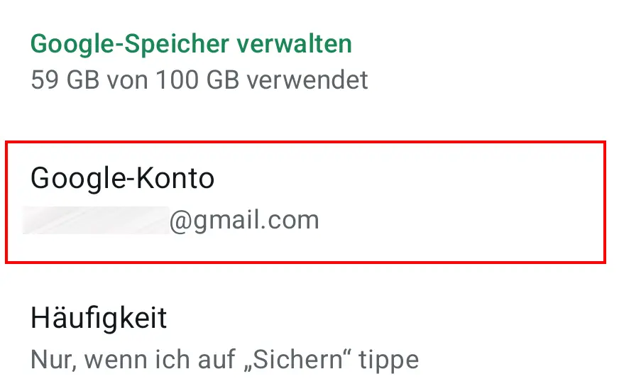 WhatsApp-Menü „Google-Speicher verwalten“: Auswahl des Google-Kontos Bild: WhatsApp-Menü „Google-Speicher verwalten“: Auswahl des Google-Kontos