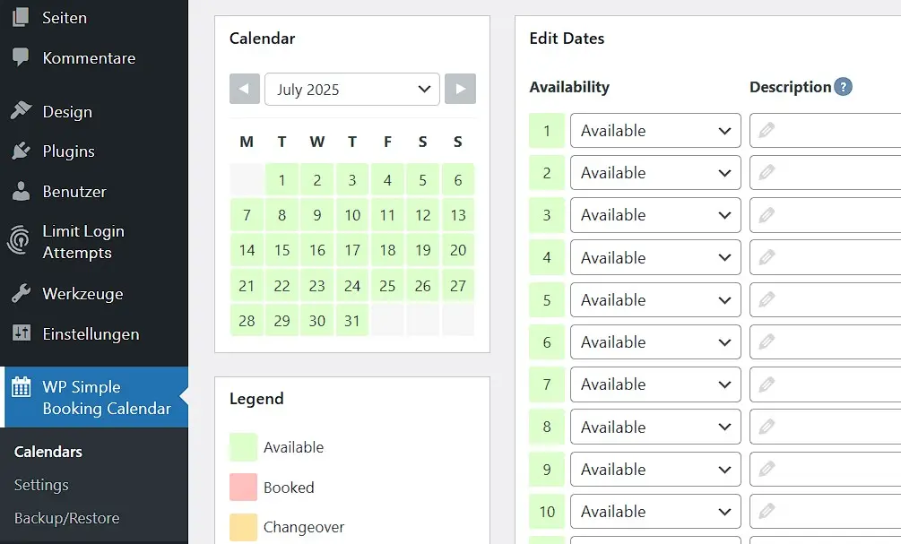 WordPress-Kalender-Plugin WP Simple Booking Calendar im WordPress-Backend Bild: WordPress-Kalender-Plugin WP Simple Booking Calendar im WordPress-Backend
