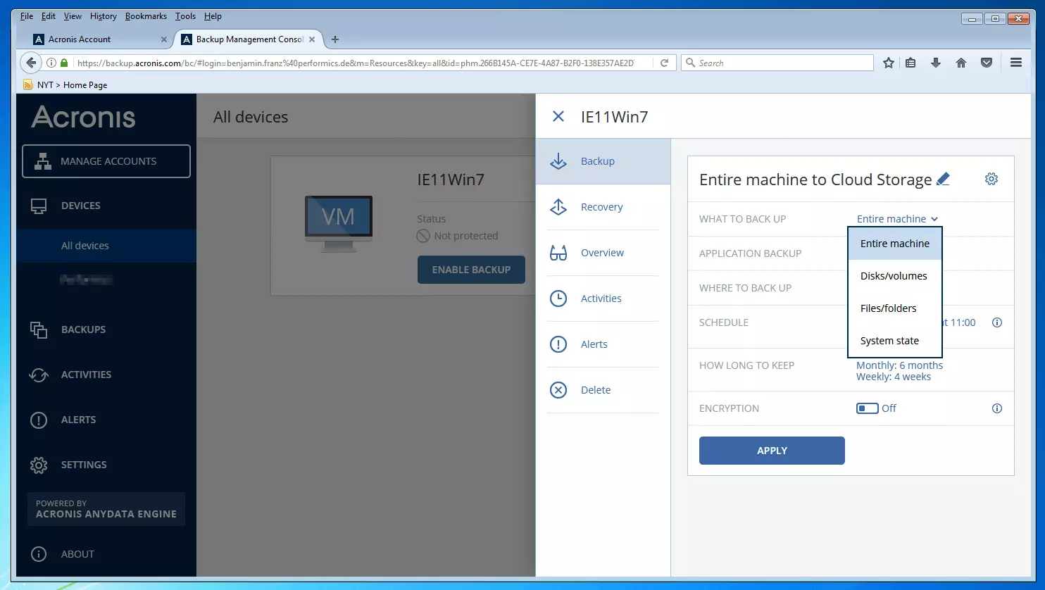 Bild: Die Backup-Management-Konsole von Acronis Backup 12.5: Dropdown-Menü zur Auswahl der Datenquelle