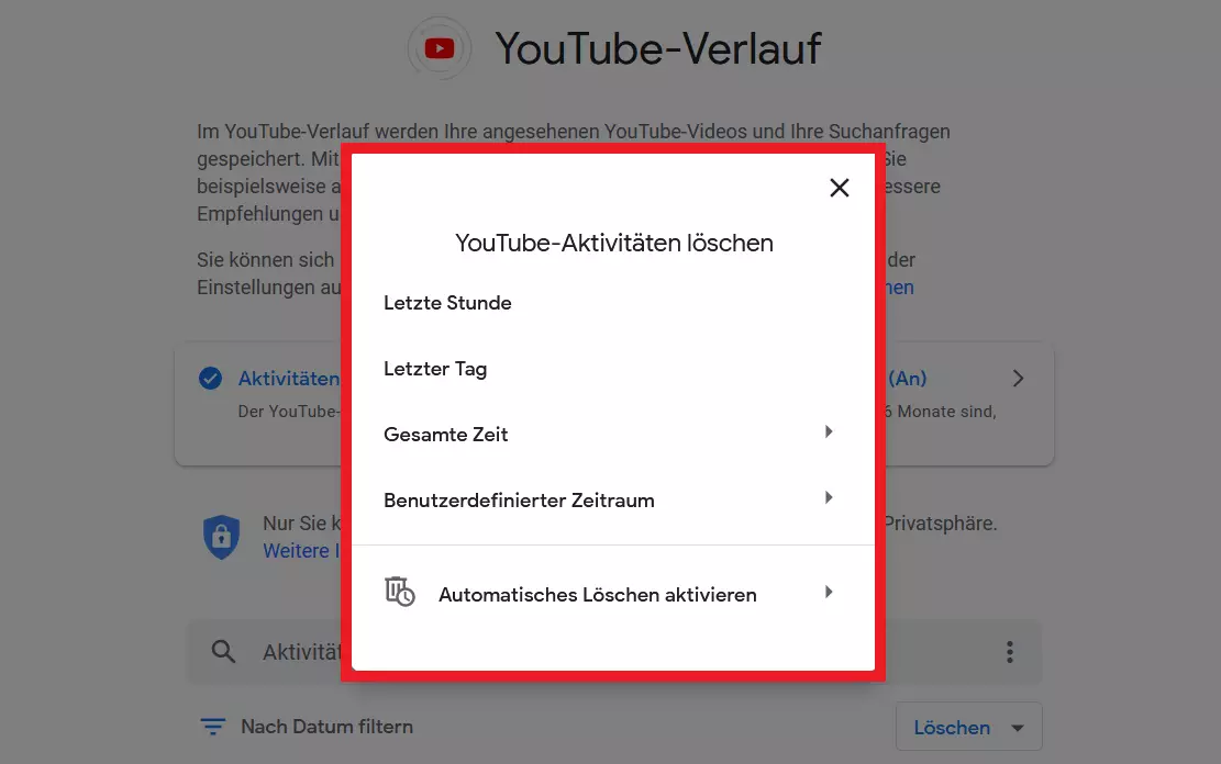 Bild: Dialog „YouTube-Aktivitäten löschen“
