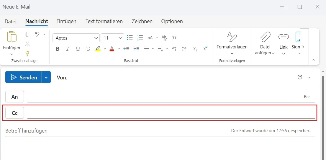Microsoft Outlook: Die Adressfelder An, Cc und Bcc im Nachrichtenfenster Bild: Microsoft Outlook: Die Adressfelder An, Cc und Bcc im Nachrichtenfenster