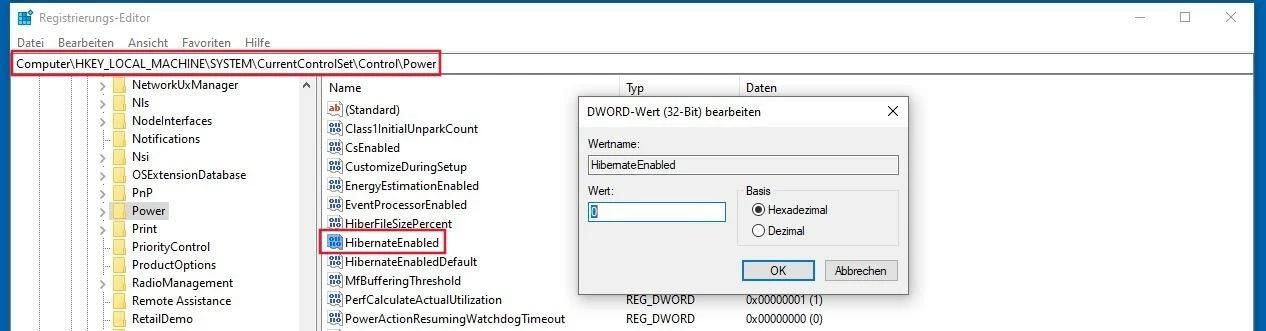 HibernateEnabled Eintrag Regedit