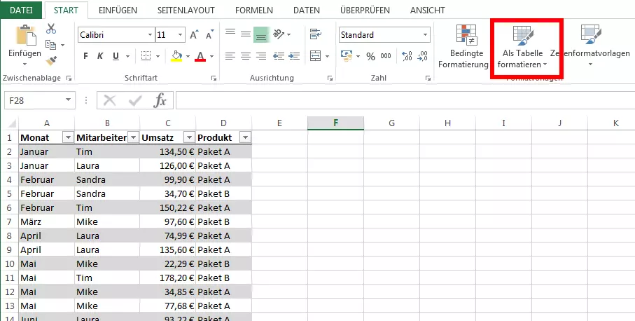 Datensatz in Excel als Tabelle formatiert