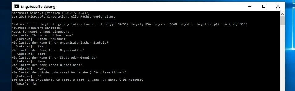 Bild: Generierung eines selbstsignierten SSL/TLS-Zertifikats über die Windows-Eingabeaufforderung