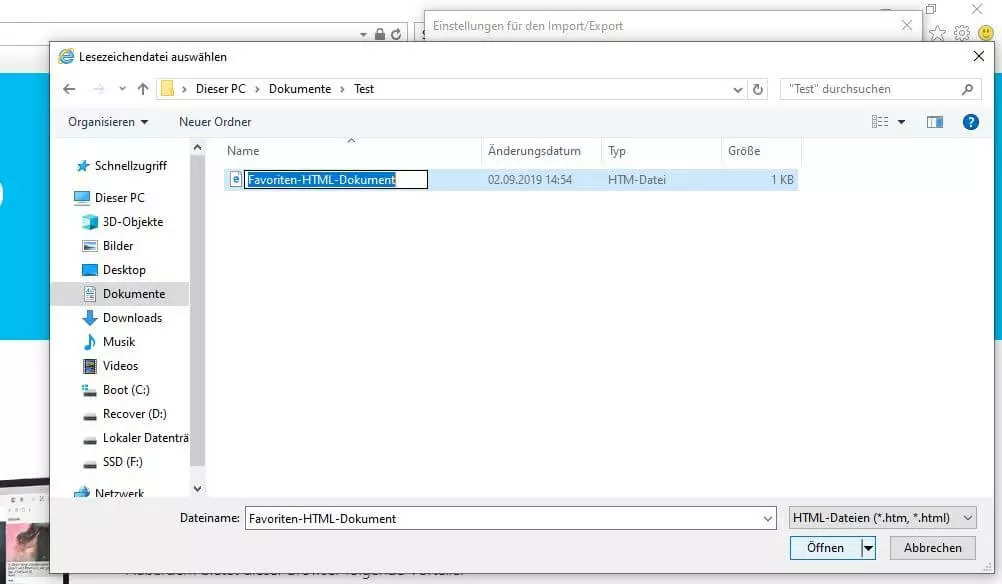 Bild: Internet Explorer 11: Angabe des Speicherorts der HTML-Datei