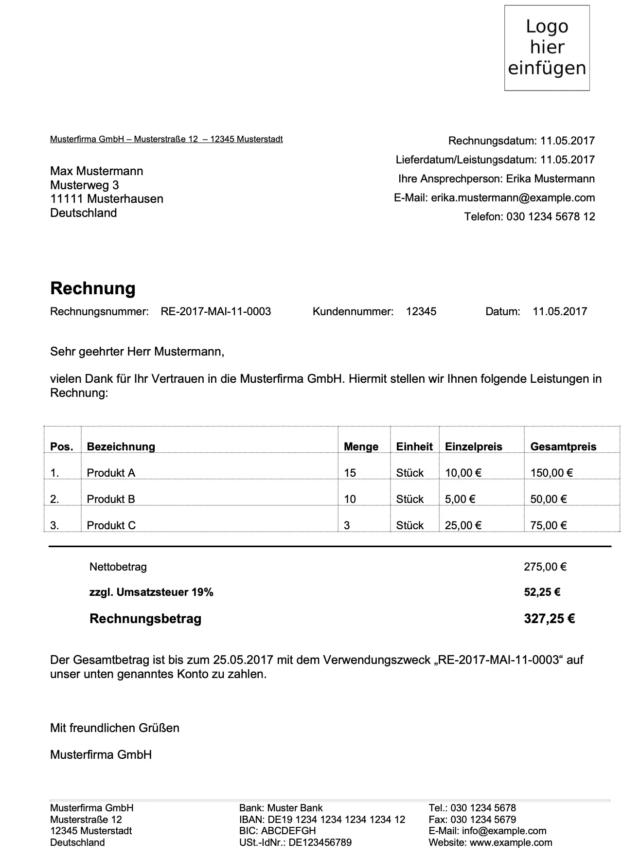 Bild: Screenshot einer Rechnungsvorlage