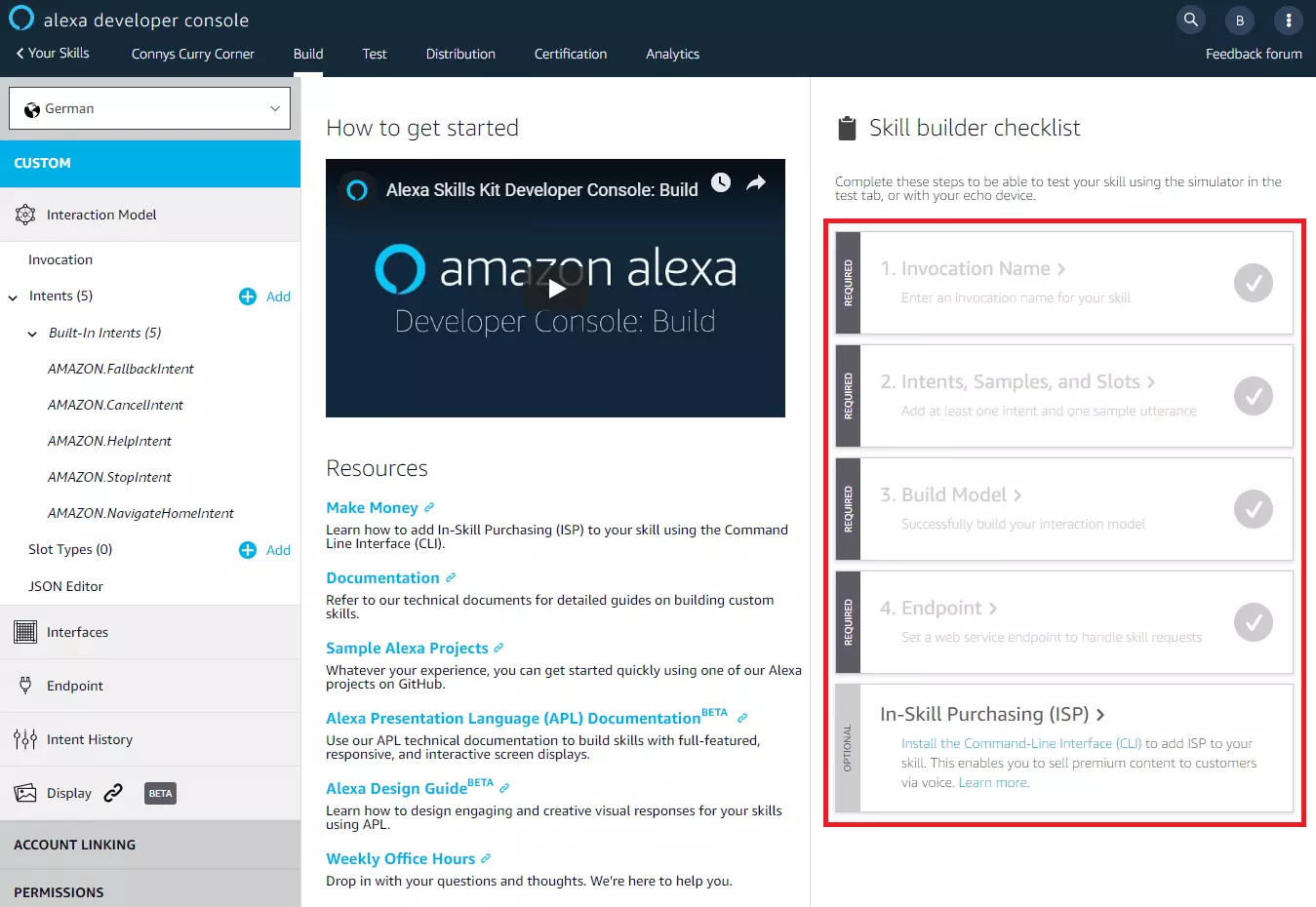 Bild: Alexa-Developer-Konsole: Übersichtsseite im Bereich „Build“