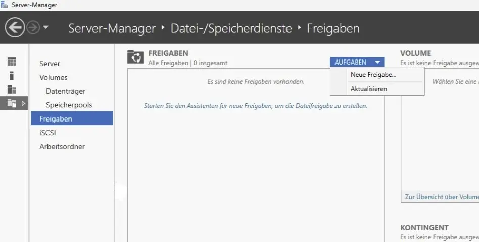 Einrichten einer neuen Freigabe im Server-Manager Bild: Einrichten einer neuen Freigabe im Server-Manager