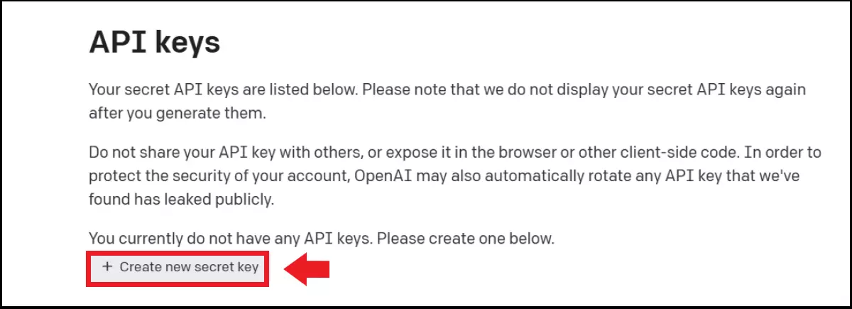 Der Punkt „Create new secret key“ im API Key-Menü Der Punkt „Create new secret key“ im API Key-Menü