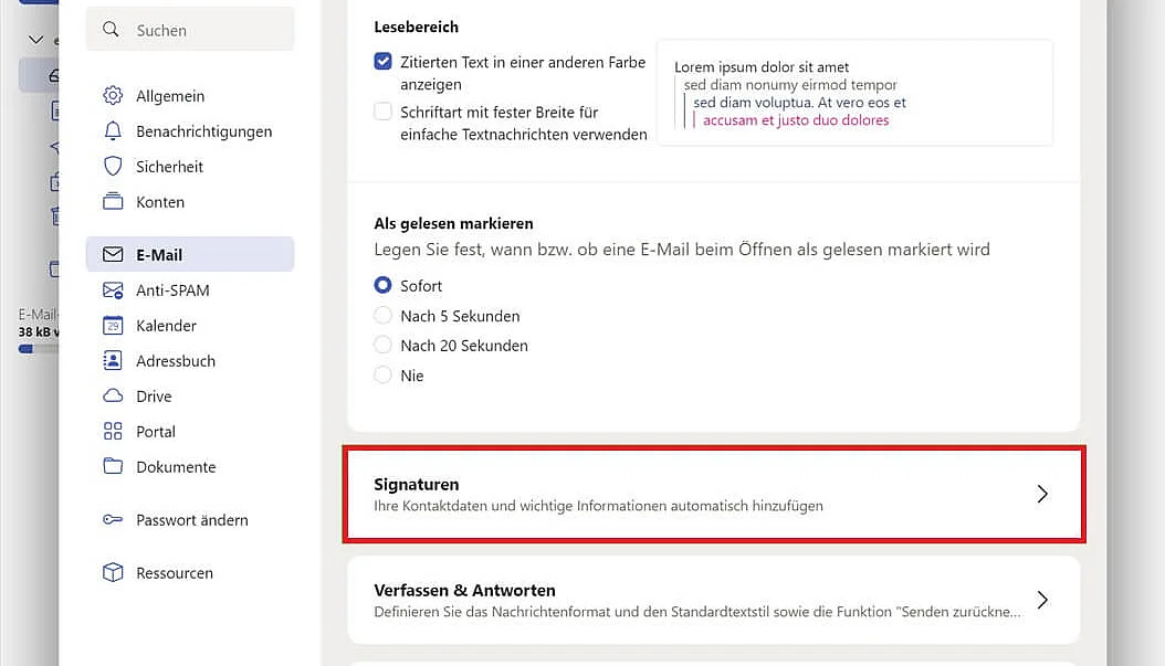 IONOS-Einstellungen: Option „Signaturen“ auswählen Bild: IONOS-Einstellungen: Option „Signaturen“ auswählen
