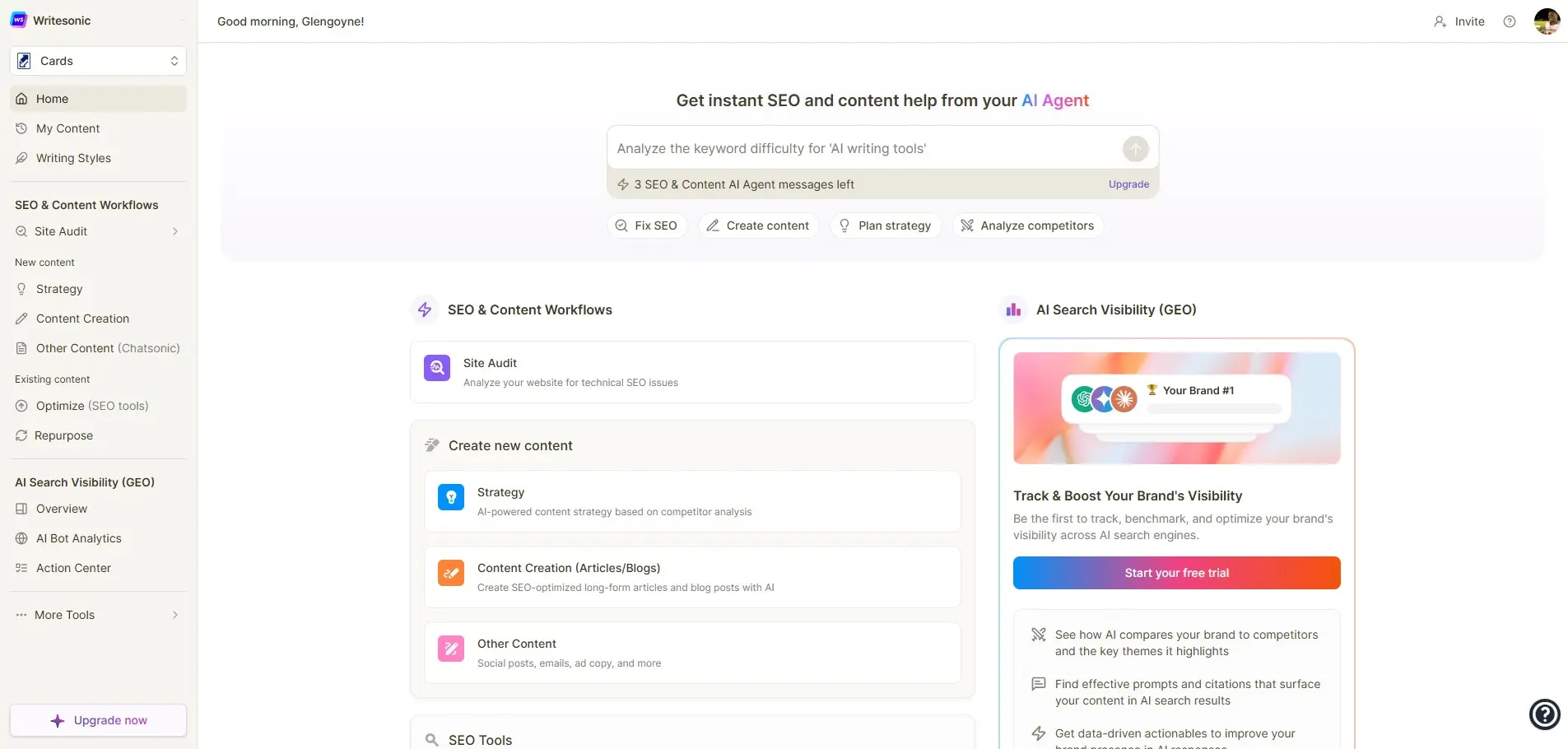 Bild: Screenshot der Oberfläche von Writesonic in der kostenlosen Version
