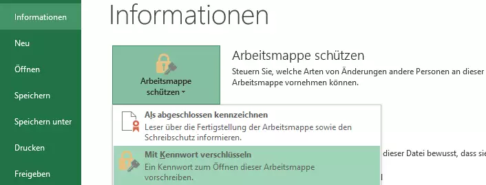 Bild: Abbildung des Menüs „Datei“ > „Informationen“ > „Arbeitsmappe schützen“ 