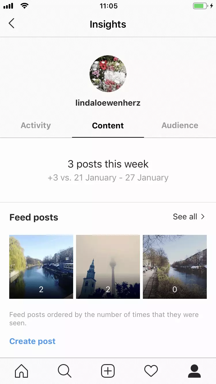 Profilansicht in der Instagram-App mit dem Symbol für die Statistiken