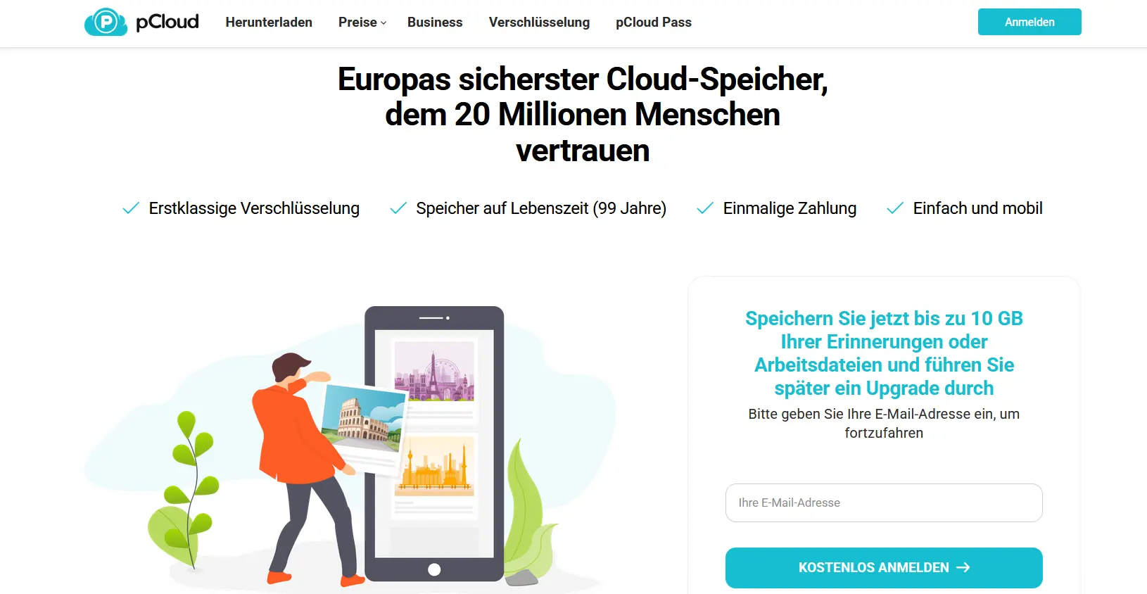 Die Startseite des Cloud-Speicherdienstes pCloud Bild: Die Startseite des Cloud-Speicherdienstes pCloud
