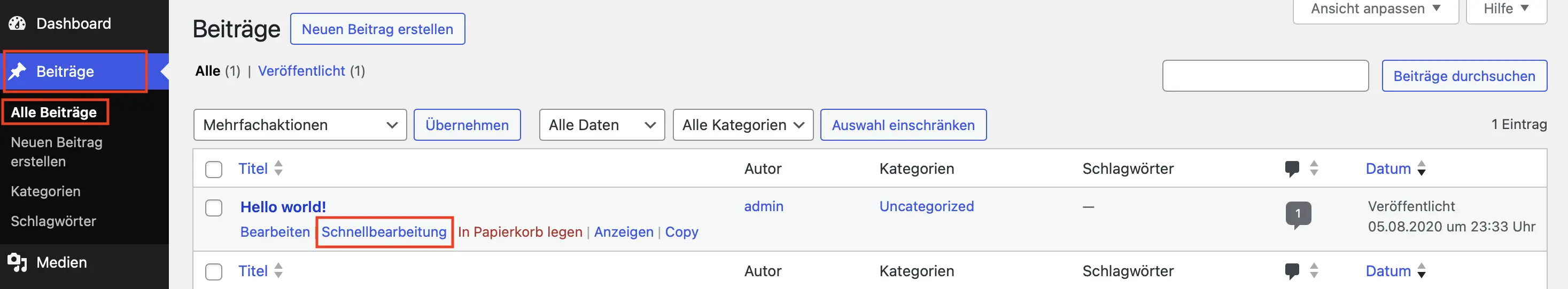Bild: WordPress-Backend „Beiträge“ – „Alle Beiträge“ mit hervorgehobener „Schnellbearbeitung“-Funktion
