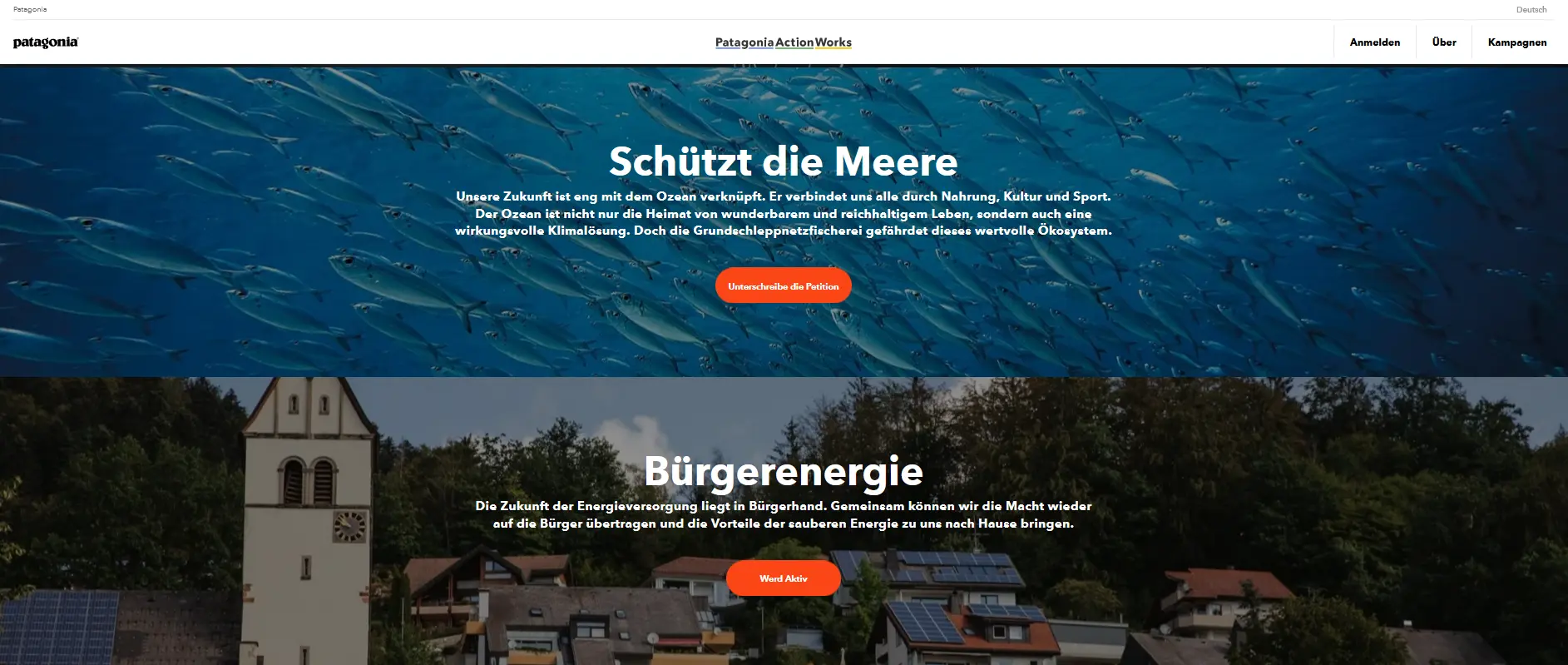 Alt-Text: Screenshot der Patagonia-Website mit Abschnitten zu Meeresschutz und Bürgerenergie Bild: Alt-Text: Screenshot der Patagonia-Website mit Abschnitten zu Meeresschutz und Bürgerenergie