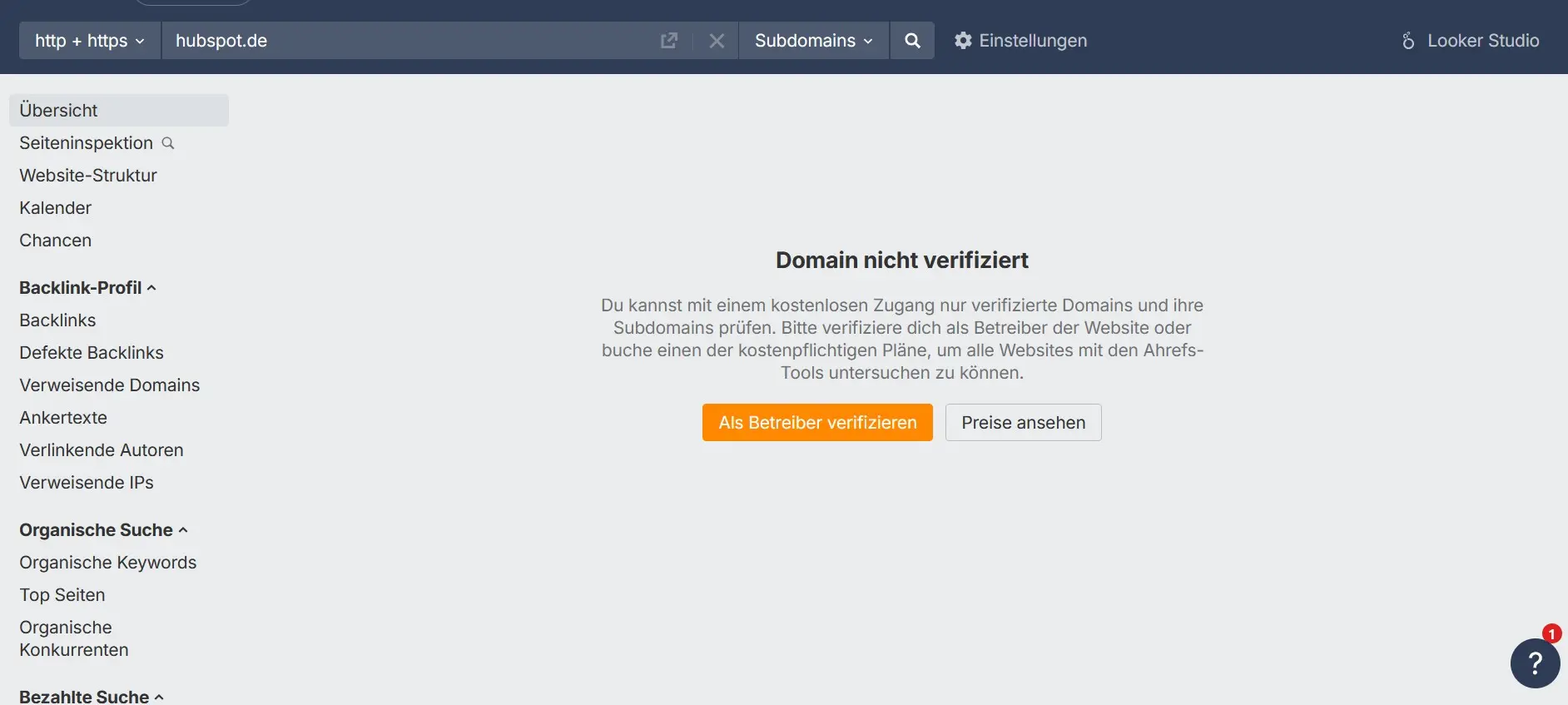Bild: Screenshot der Ahrefs-Oberfläche mit Hinweis „Domain nicht verifiziert“